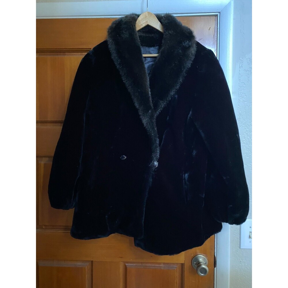 VTG Hillmoor Black Faux Mink Jacket/Faux Fox Collar SZ L/USA/Bakelite Buttons